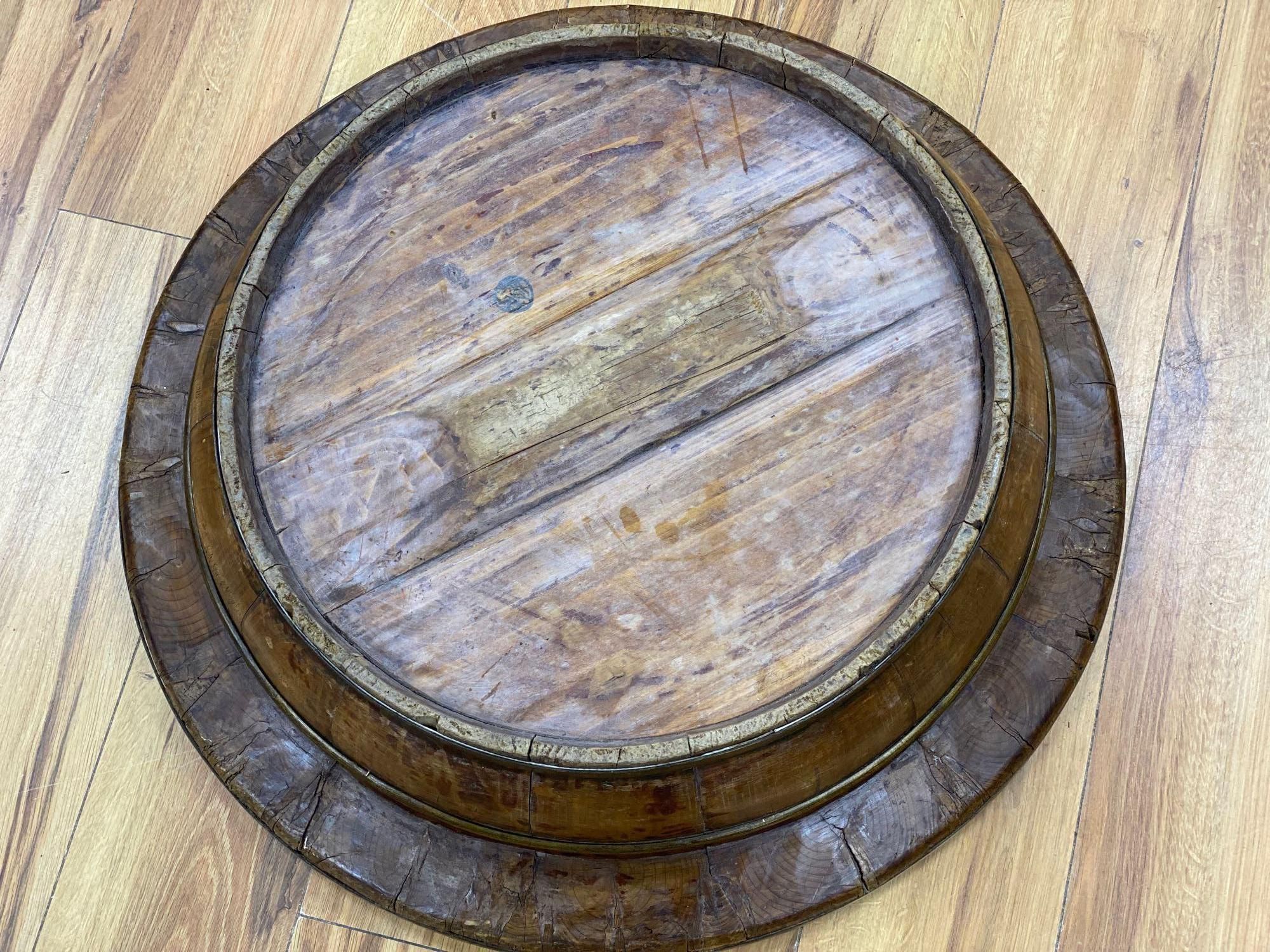 A large Eastern fruitwood coopered spice bowl, early 20th century, diameter 68cm